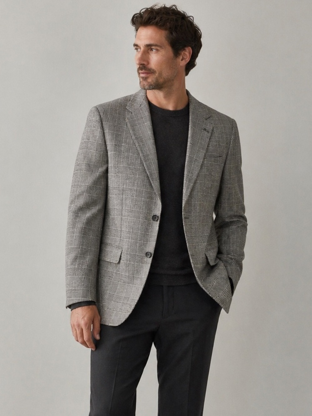 Hardy Amies Men's Silk Wool Glen Check Sport Coat Cream‎ Black Size 42R Preppy